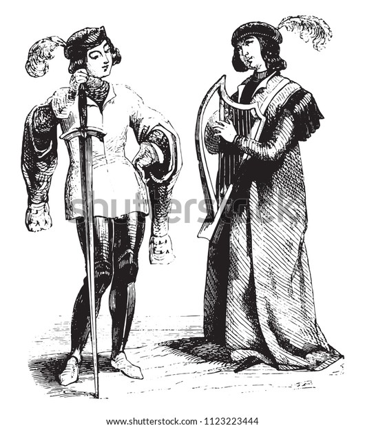 A Troubadour and Page, vintage\
engraved illustration. Magasin Pittoresque\
1844.\
