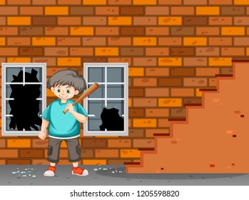 A trouble boy break the window illustration
