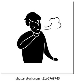 Trouble Breathing Glyph Icon. Coughing Man. Industrial Smog, Biohazard Emissions. Environment Pollution And Ecology Damage. Covid19 Symptoms.Filled Flat Sign. Isolated Silhouette Vector Illustration