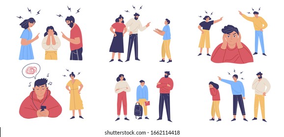 Trouble and fight between teenagers and their parents. Scenes of misunderstanding, abuse, moral violence. Teeny depression, anxiety, stress. Vector Illustration
