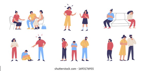 Trouble and fight between teenagers and their parents. Scenes of misunderstanding, abuse, moral violence. Teeny depression, anxiety, stress. Vector Illustration