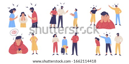 Trouble and fight between teenagers and their parents. Scenes of misunderstanding, abuse, moral violence. Teeny depression, anxiety, stress. Vector Illustration