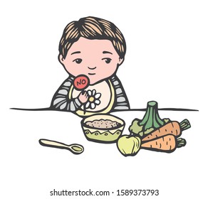 trouble first baby food. Hand drawn line illustration of baby with meal: bowl, spoon, apple, vegetables. The child refuses to eat. child unhappy with a no sign . colorful  Stock vector illustration.