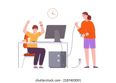 Trouble Game Addiction. Video Game Addiction Adolescent, Angry Mom Cuts Computer Wire, Worried Parent Internet Games Child, Teenage Forbidden Gaming Vector Illustration Of Addiction And Dependence