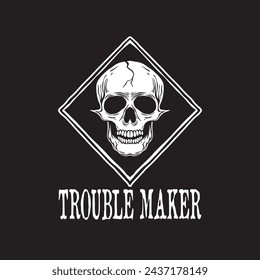 trouble maker skull art black and white hand drawn illustration vector
