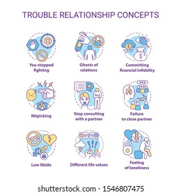 Trouble relationship concept icons set. Signs to be worry in marriage. Problems of mutual understanding idea thin line illustrations. Vector isolated outline drawings. Editable stroke