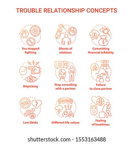 Trouble relationship concept icons set. Signs to be worry in marriage. Problems of mutual understanding idea thin line illustrations. Vector isolated outline drawings. Editable stroke