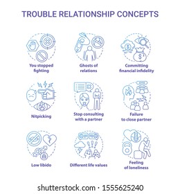 Trouble relationship concept icons set. Signs to be worry in marriage. Problems of mutual understanding idea thin line illustrations. Vector isolated outline drawings. Editable stroke