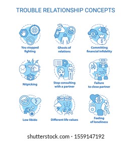 Trouble relationship concept icons set. Signs to be worry in marriage. Problems of mutual understanding idea thin line illustrations. Vector isolated outline drawings. Editable stroke