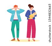 Trouble relationship flat vector illustration. Family problem. Married couple conflict. Misunderstanding between husband and wife. Marriage with baby isolated cartoon character on white background