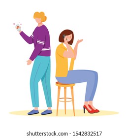 Trouble relationship flat vector illustration. Chatting with lover. Woman flirting on phone. Unfaithful boyfriend. Marriage problems. Couple cheating isolated cartoon characters on white background