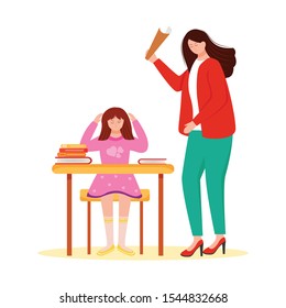 Trouble relationship flat vector illustration. School teacher conflict. Scolding pupil, student. Aggressive behaviour. Abuse of child isolated cartoon characters on white background