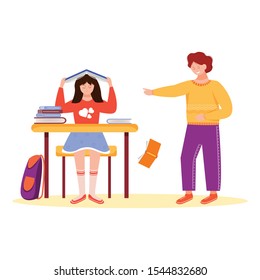 Trouble relationship flat vector illustration. School pupils bullying. Conflict between children. Classmates quarrel. Aggressive schoolmates. Mockery isolated cartoon characters on white background