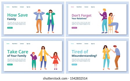 Trouble relationship landing page vector template set. Relatives, family problems website interface idea with flat illustrations. Tired of misunderstanding homepage layout, webpage cartoon concept