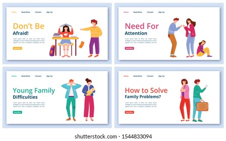 Trouble relationship landing page vector template set. Young families difficulties website interface idea with flat illustrations. Solving problems homepage layout, webpage cartoon concept