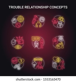 Trouble relationship neon light concept icons set. Signs to be worry in marriage. Problems of mutual understanding idea. Glowing vector isolated illustration