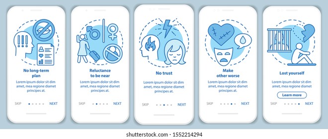 Trouble in relationships onboarding mobile app page screen with linear concepts. No long-term plan walkthrough steps graphic instructions. UX, UI, GUI vector template with illustrations