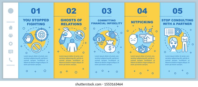 Trouble in relationships onboarding mobile web pages vector template. Responsive smartphone website interface idea with linear illustrations. Webpage walkthrough step screens. Color concept