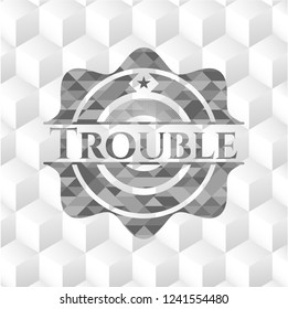 Trouble retro style grey emblem with geometric cube white background