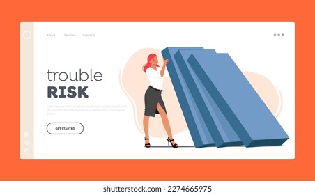 Trouble Risk Landing Page Template. Business Resilience, Business Protection Concept. Successful Positive Businesswoman Avoiding Dominoes Effect during Economic Crisis. Cartoon Vector Illustration