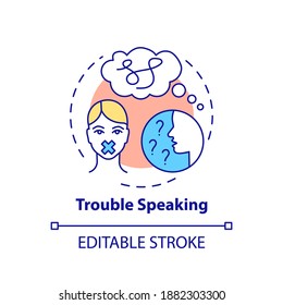 Trouble speaking concept icon. Difficulty talking. Confusion after head trauma. Neurological issue. Brain health idea thin line illustration. Vector isolated outline RGB color drawing. Editable stroke