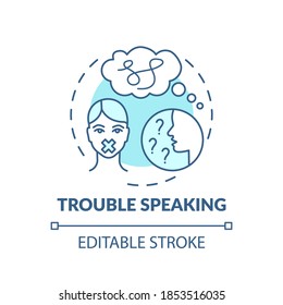 Icono de concepto turquesa de habla problemática. Confusión tras traumatismo craneal. Tema neurológico. Ilustración delgada de idea de salud cerebral. Dibujo de color RGB con contorno aislado del vector. Trazo editable
