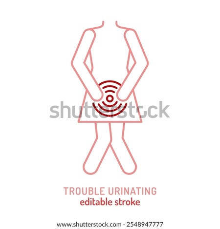 Trouble urinating vector icon. Medical sign in outline style. The woman holds her hands on the lower abdomen. Bladder dysfunction pictogram. Editable stroke. Isolated vector illustration