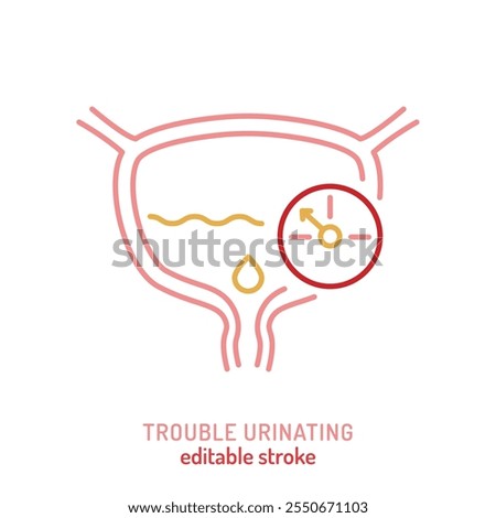 Trouble urinating vector icon. Medical sign symbolizing urinary Issues in outline style. Bladder dysfunction pictogram. Editable stroke. Simple line vector illustration isolated on a white background
