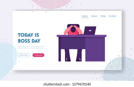 Trouble at Work Website Landing Page. Depressed Businessman Put Head Down on Desk Afraid of Angry Boss in Office. Employee Feeling Stress at Workplace Web Page Banner. Cartoon Flat Vector Illustration