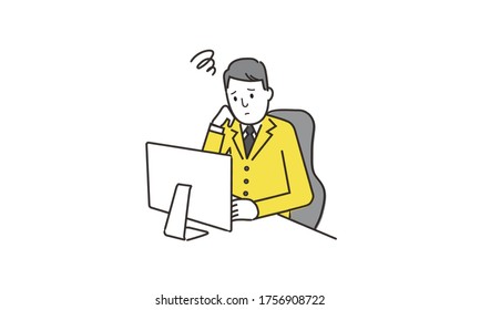 Troubled businessman in front of the computer,white isolated,hand drawing illustration