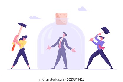 Troubled Businessman Stuck in Closed Jar. Man and Woman Colleagues Punch Glass with Hammers. Difficult Task, Stress Deadline, Office Worker Frustration, Career Burnout. Cartoon Vector Illustration