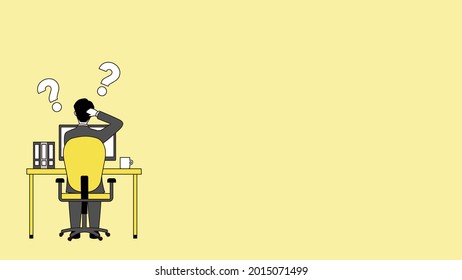Troubled businessperson in front of PC,question mark,copy space,yellow and gray color,vector