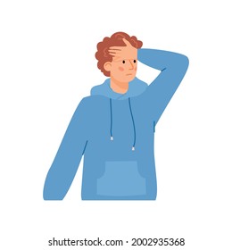 Troubled disappointed young man pressing hand to forehead with expression of disappointment and despair, flat vector illustration isolated on white background.