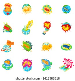 Troubled earth icons set. Isometric set of 16 troubled earth vector icons for web isolated on white background