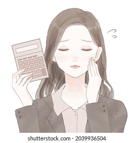 Troubled female employee with calculator. On a white background. Simple and cute design.