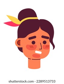 Troubled girl with facial sunburns semi flat vector character head. Redness. Editable cartoon style face emotion. Simple colorful avatar icon. Spot illustration for web graphic design and animation