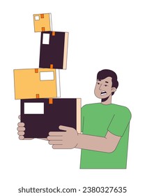 Troubled indian guy carrying unsteady cardboard boxes 2D linear cartoon character. Parcels holding south asian man isolated line vector person white background. Stressed color flat spot illustration