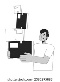 Troubled indian guy carrying unsteady cardboard boxes black and white 2D line cartoon character. Parcels holding south asian man isolated vector outline person. Monochromatic flat spot illustration