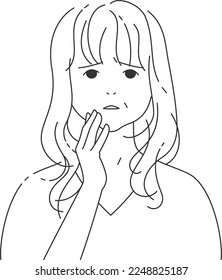 Troubled middle-aged woman 3 | line drawing・long hair