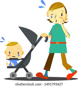 troubled mom and baby walking