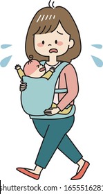 Troubled mother with her baby crying in baby carrier