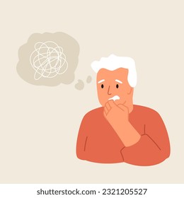 Retrato de anciano con nubes de pensamientos abstractos. Concepto dementia, pérdida de memoria, hombre mayor asustado. Personas mayores en estrés. Ilustración del vector de enfermedades cerebrales, problema de salud