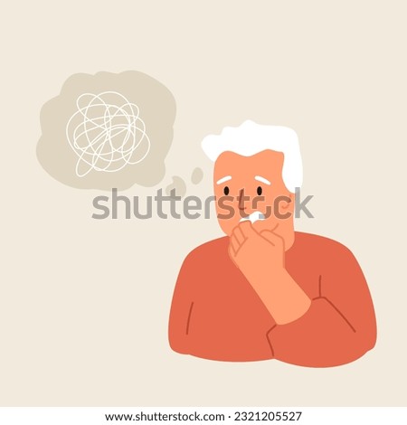 Troubled old man portrait with abstract thoughts cloud. Dementia concept, memory loss, scared senior male. Elderly person in stress. Brain disease vector illustration, health problem