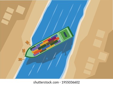 A troubled ship blocks the suez canal that connects Mediterranean Sea and Red Sea concept. Editable Clip Art.