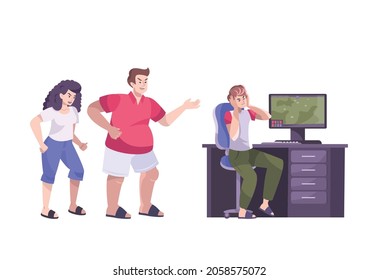 Troubled teens flat composition with angry parents shouting at gaming son at computer vector illustration
