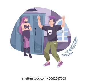 Troubled teens flat composition with college scenery and punk boy with goth girl vector illustration