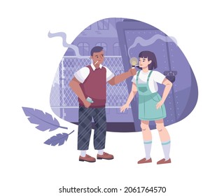 Troubled teens flat composition with smoking teenage girl and boy in backstreet scenery vector illustration