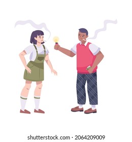 Troubled teens flat composition with teenage boy treating girl with smoke vector illustration
