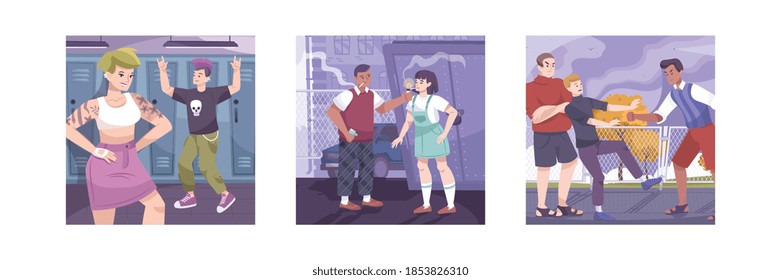 Troubled teens set with square compositions of school and backstreet sceneries with characters of freaky teenagers vector illustration