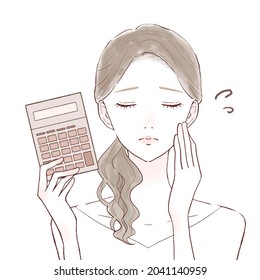 Troubled woman with calculator. On a white background.